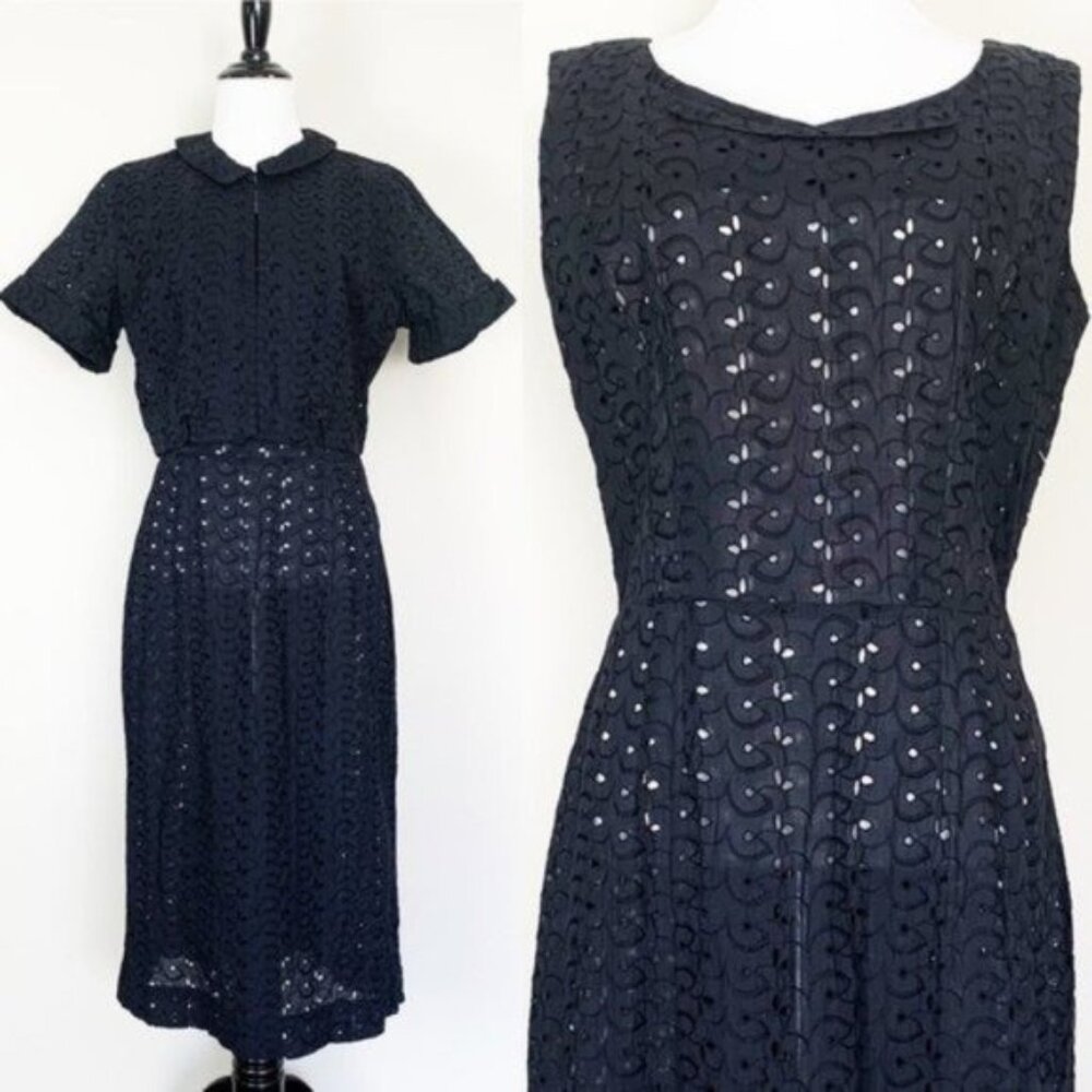 Vintage 50s Black Eyelet Sleeveless Dress & Bolero Jacket Set Cay Artley Medium